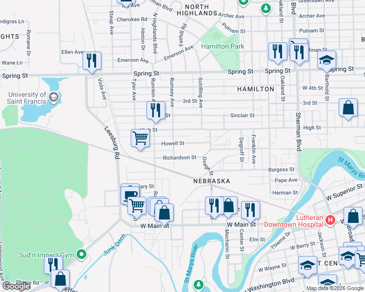 map of restaurants, bars, coffee shops, grocery stores, and more near 1652 Richardson Street in Fort Wayne