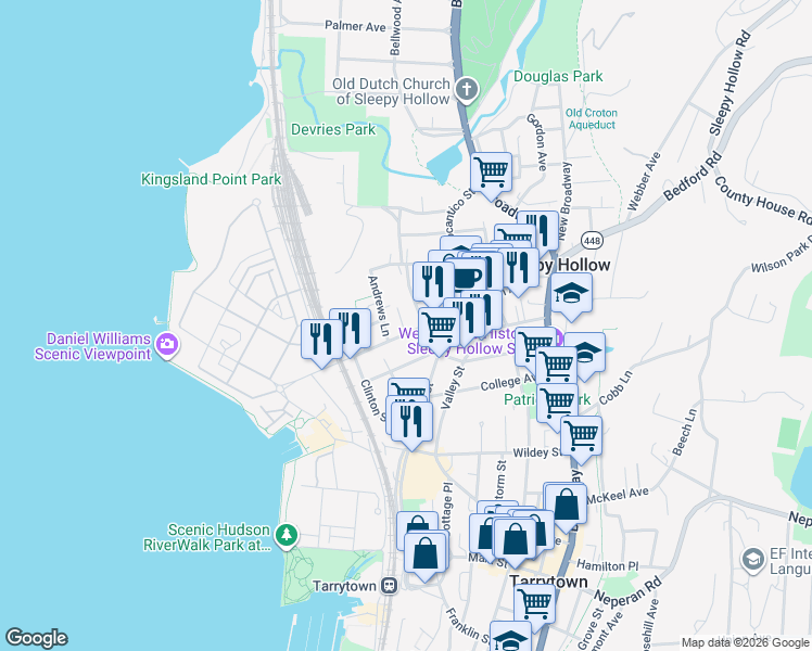 map of restaurants, bars, coffee shops, grocery stores, and more near 144 Beekman Avenue in Sleepy Hollow
