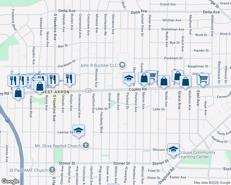 map of restaurants, bars, coffee shops, grocery stores, and more near 1085 Copley Road in Akron