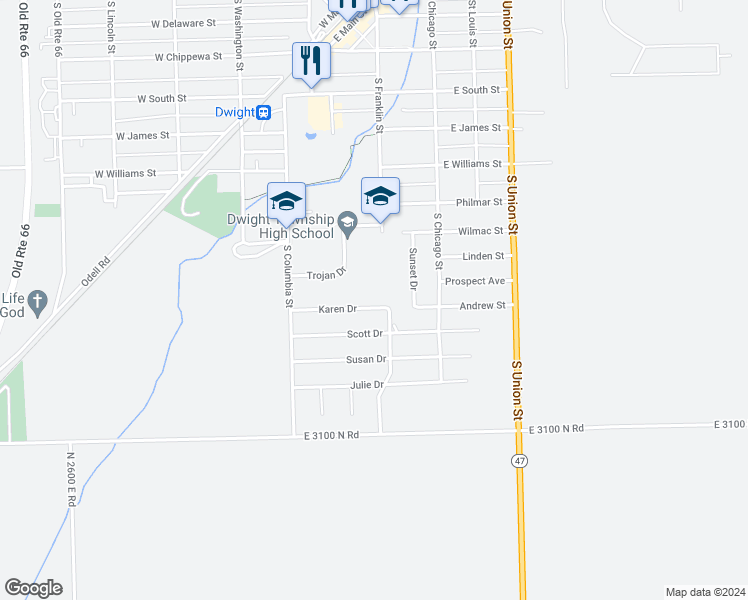 map of restaurants, bars, coffee shops, grocery stores, and more near 117 Karen Drive in Dwight