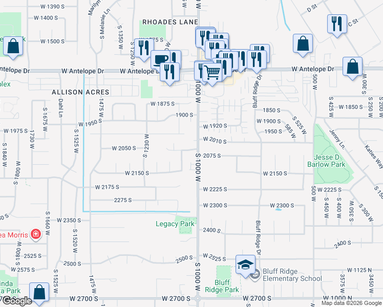 map of restaurants, bars, coffee shops, grocery stores, and more near 2076 South 1000 West in Syracuse