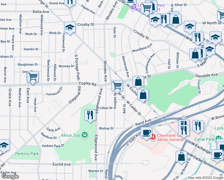 map of restaurants, bars, coffee shops, grocery stores, and more near 445 South Maple Street in Akron