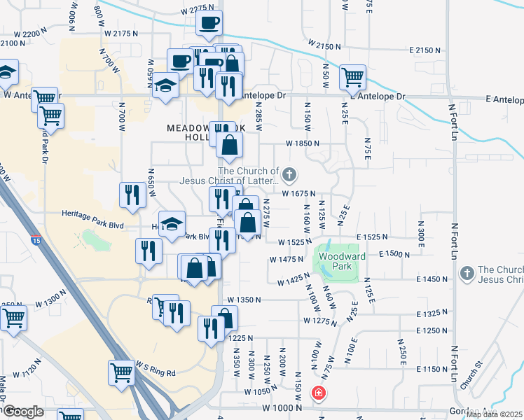 map of restaurants, bars, coffee shops, grocery stores, and more near 1645 North 275 West in Layton