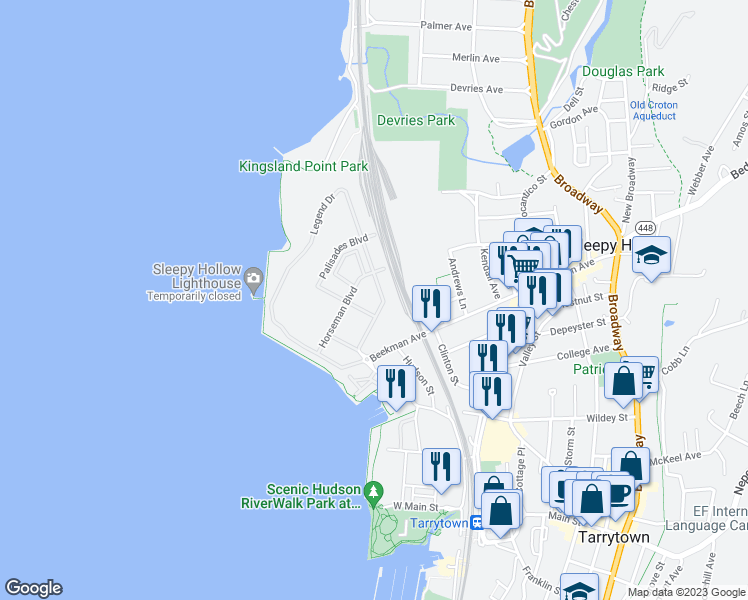 map of restaurants, bars, coffee shops, grocery stores, and more near 100 Legend Drive in Sleepy Hollow