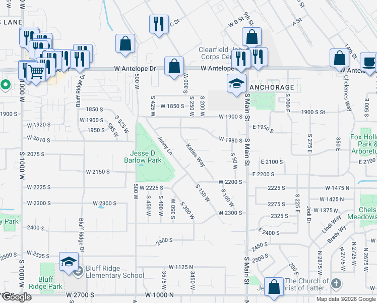 map of restaurants, bars, coffee shops, grocery stores, and more near 2081 Katies Way in Clearfield