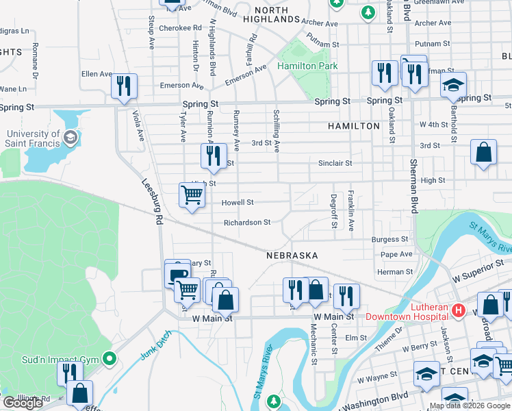 map of restaurants, bars, coffee shops, grocery stores, and more near 1620 Richardson Street in Fort Wayne