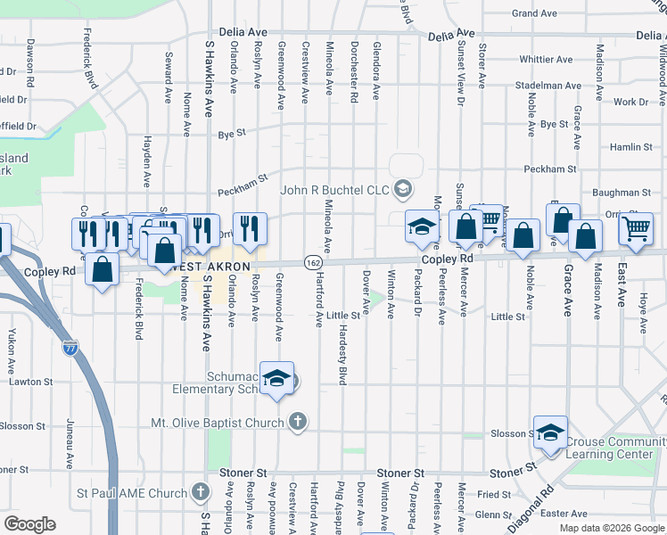map of restaurants, bars, coffee shops, grocery stores, and more near 1153 Copley Road in Akron