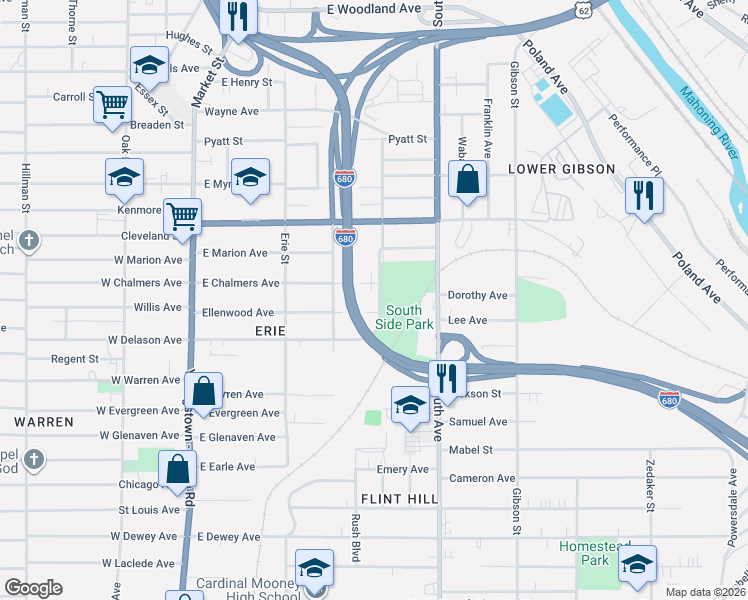 map of restaurants, bars, coffee shops, grocery stores, and more near 250 Ellenwood Avenue in Youngstown