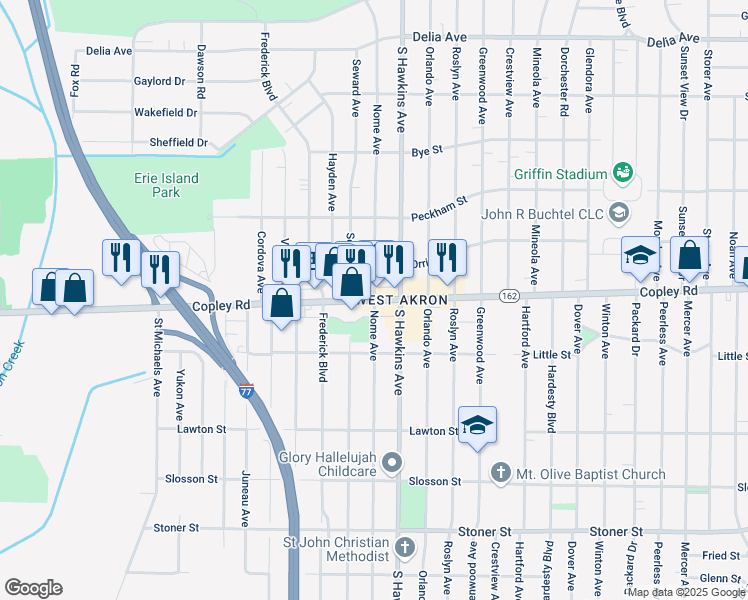 map of restaurants, bars, coffee shops, grocery stores, and more near in Akron