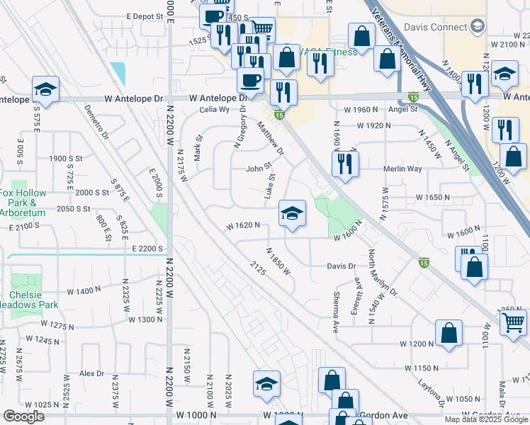 map of restaurants, bars, coffee shops, grocery stores, and more near 1851 West Gregory Drive in Layton