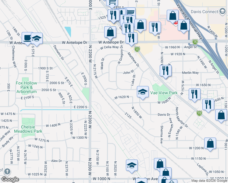 map of restaurants, bars, coffee shops, grocery stores, and more near 1988 West 1620 North in Layton