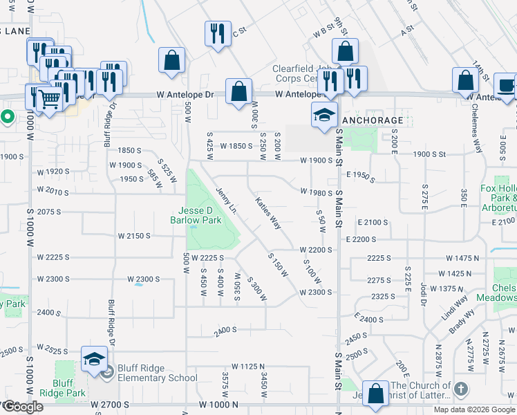 map of restaurants, bars, coffee shops, grocery stores, and more near 2081 Katies Way in Clearfield
