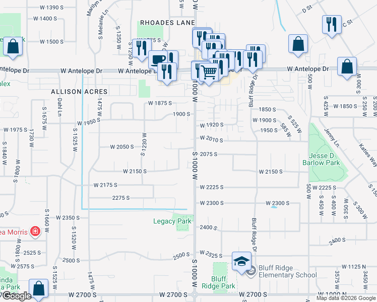 map of restaurants, bars, coffee shops, grocery stores, and more near 2076 South 1000 West in Syracuse