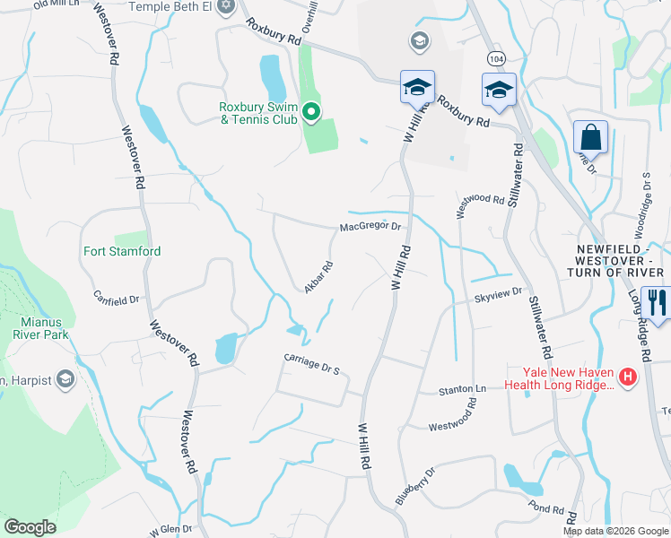 map of restaurants, bars, coffee shops, grocery stores, and more near 50 Akbar Road in Stamford