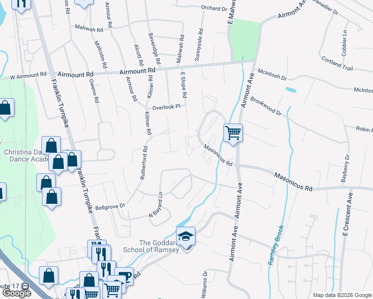map of restaurants, bars, coffee shops, grocery stores, and more near 1180 Richmond Road in Mahwah