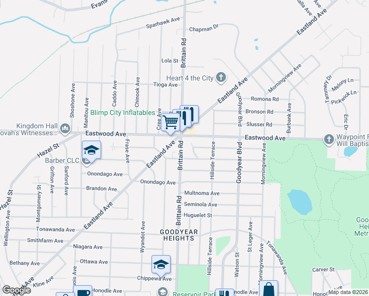map of restaurants, bars, coffee shops, grocery stores, and more near 1441 Osage Avenue in Akron
