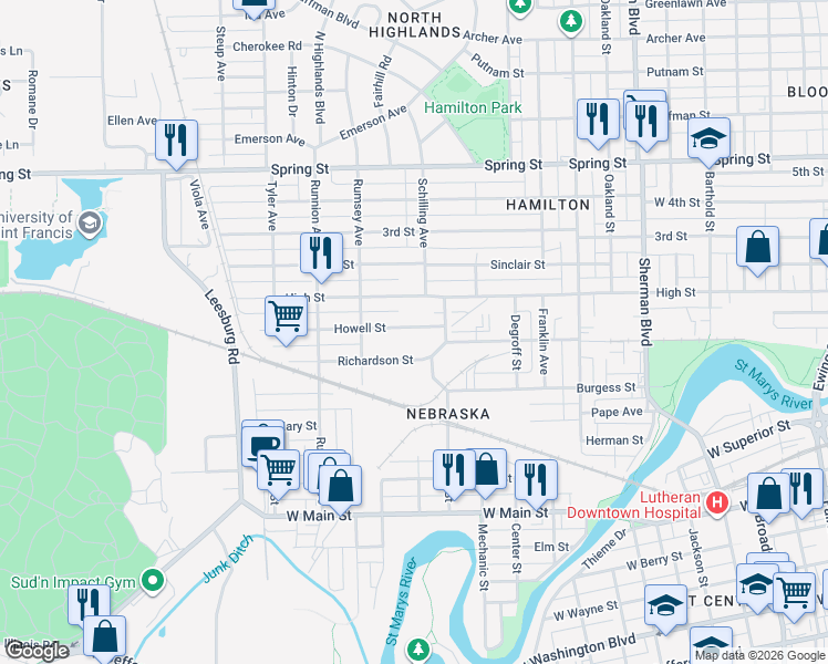 map of restaurants, bars, coffee shops, grocery stores, and more near 1620 Richardson Street in Fort Wayne