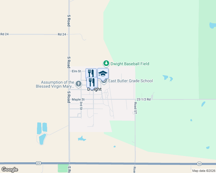 map of restaurants, bars, coffee shops, grocery stores, and more near 182-198 1st Street in Dwight