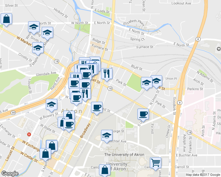 map of restaurants, bars, coffee shops, grocery stores, and more near 137 East Market Street in Akron