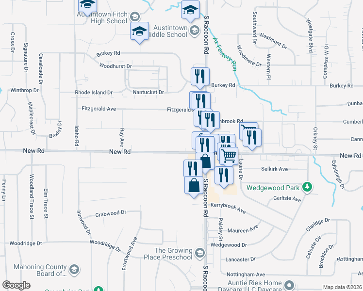 map of restaurants, bars, coffee shops, grocery stores, and more near 4446 New Rd in Youngstown