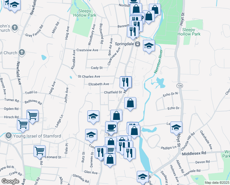 map of restaurants, bars, coffee shops, grocery stores, and more near 30 Chatfield Street in Stamford