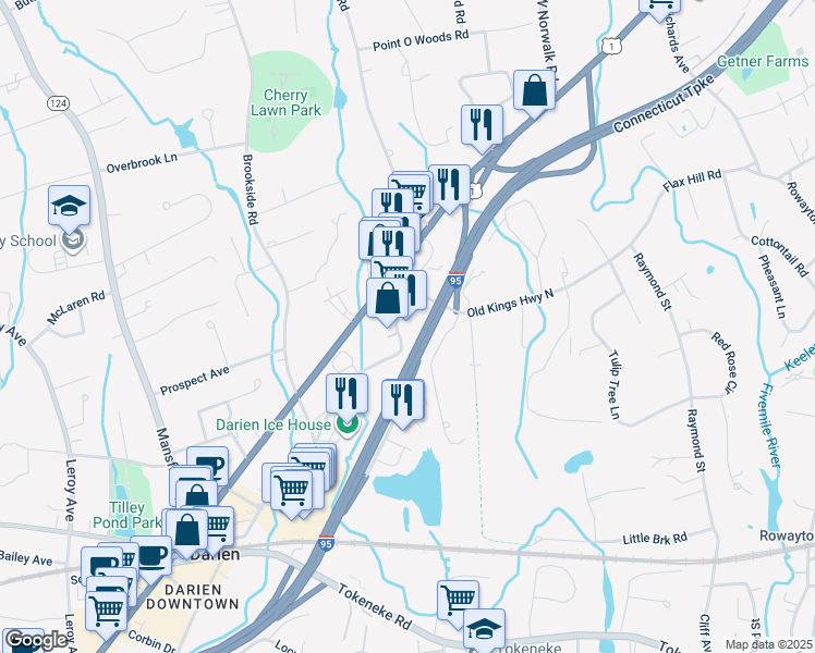 map of restaurants, bars, coffee shops, grocery stores, and more near 111 Old Kings Highway North in Darien