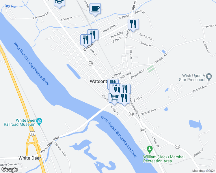 map of restaurants, bars, coffee shops, grocery stores, and more near in Watsontown