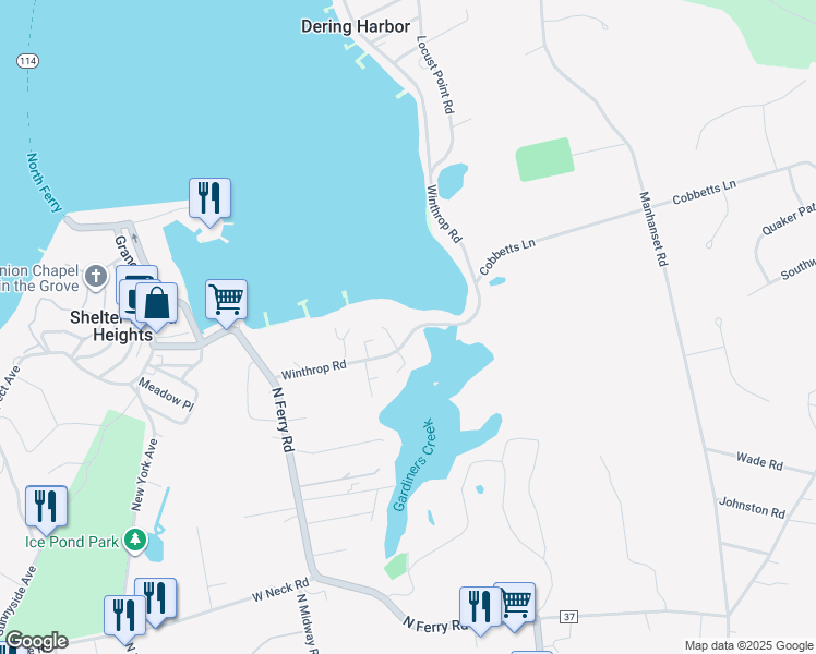 map of restaurants, bars, coffee shops, grocery stores, and more near 29 Winthrop Road in Shelter Island