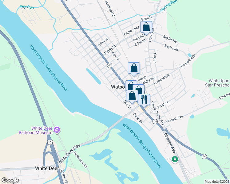 map of restaurants, bars, coffee shops, grocery stores, and more near 311-399 Elm Street in Watsontown