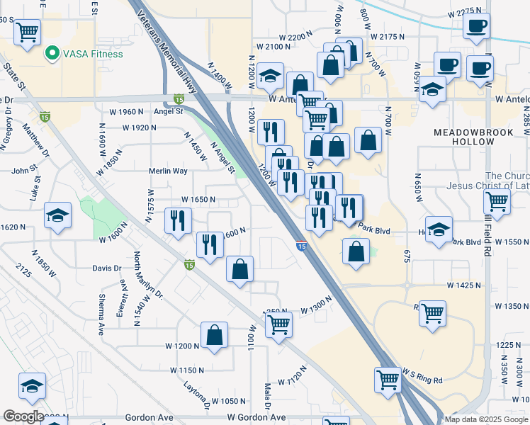 map of restaurants, bars, coffee shops, grocery stores, and more near 1168 West 1600 North in Layton
