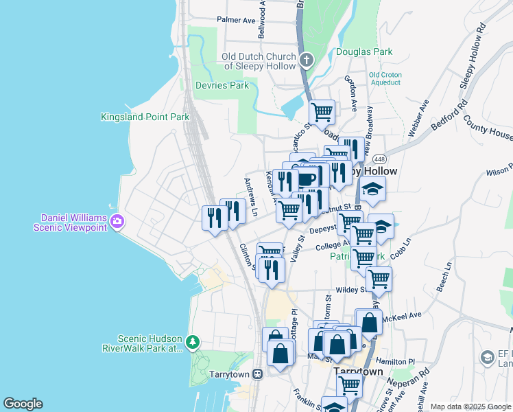 map of restaurants, bars, coffee shops, grocery stores, and more near 144 Beekman Avenue in Sleepy Hollow
