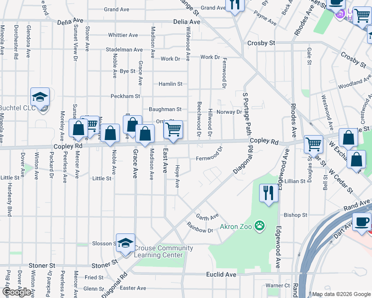 map of restaurants, bars, coffee shops, grocery stores, and more near 531 Wildwood Avenue in Akron