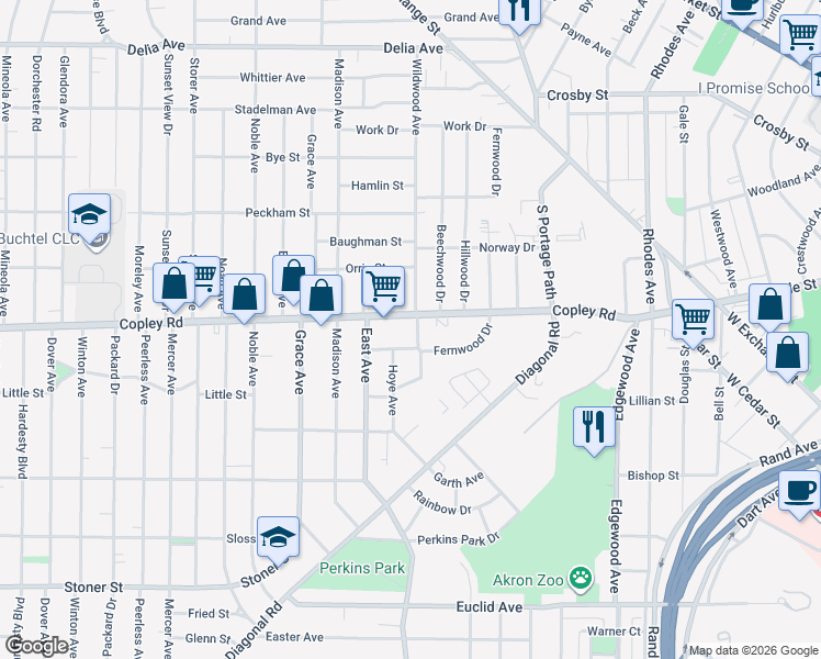 map of restaurants, bars, coffee shops, grocery stores, and more near 531 Wildwood Avenue in Akron