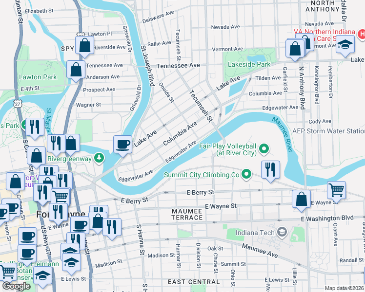 map of restaurants, bars, coffee shops, grocery stores, and more near 1007 Edgewater Avenue in Fort Wayne