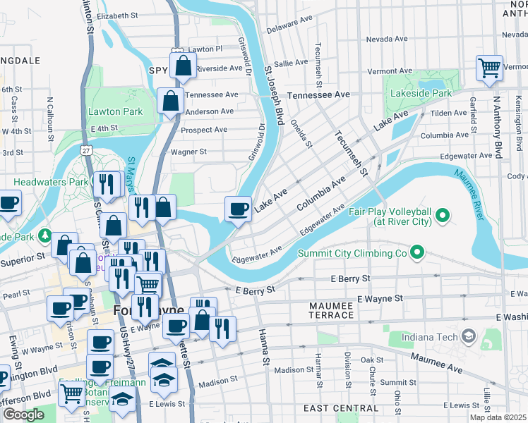 map of restaurants, bars, coffee shops, grocery stores, and more near 819 Columbia Avenue in Fort Wayne