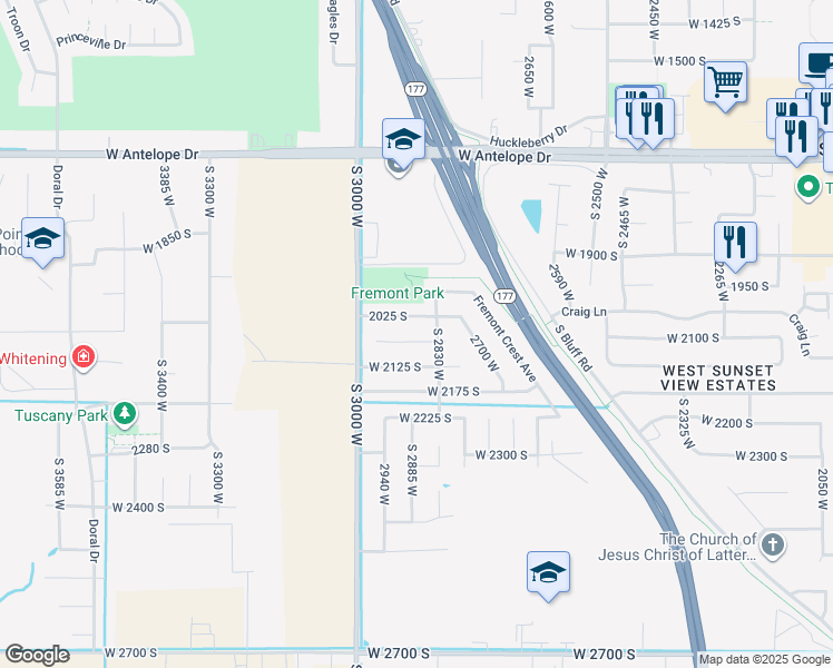 map of restaurants, bars, coffee shops, grocery stores, and more near 2882 West 2075 South in Syracuse