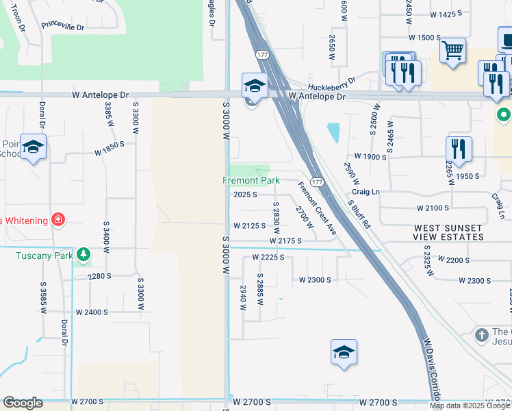 map of restaurants, bars, coffee shops, grocery stores, and more near 2906 West 2075 South in Syracuse