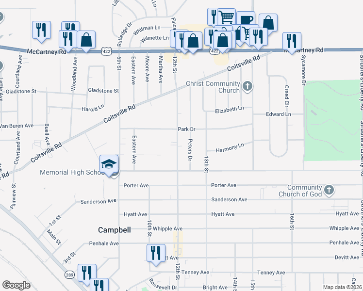 map of restaurants, bars, coffee shops, grocery stores, and more near 481 12th Street in Campbell