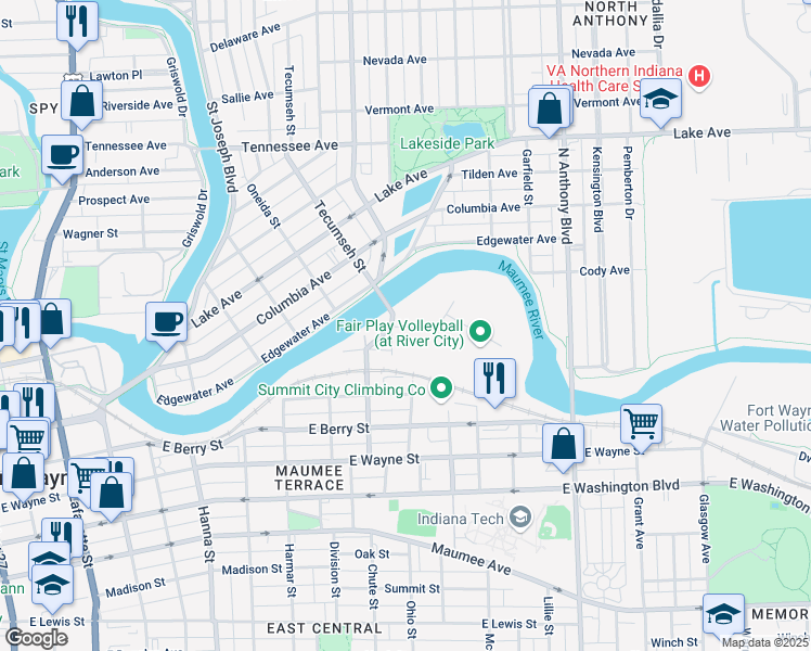 map of restaurants, bars, coffee shops, grocery stores, and more near 1227 Herbert Street in Fort Wayne