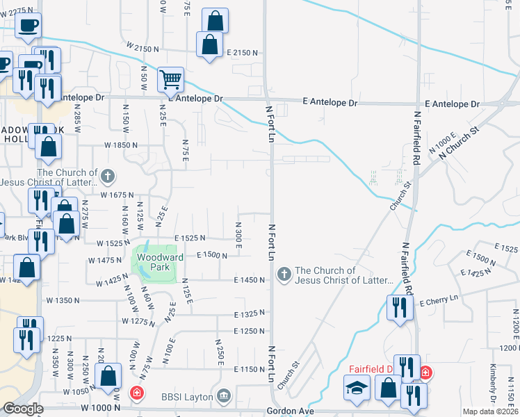 map of restaurants, bars, coffee shops, grocery stores, and more near 361 East 1625 North in Layton