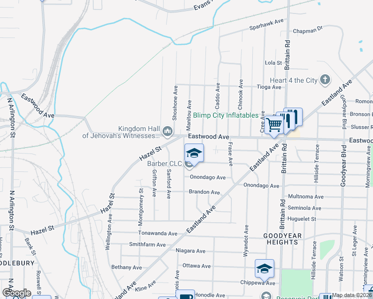 map of restaurants, bars, coffee shops, grocery stores, and more near 709 Garry Road in Akron