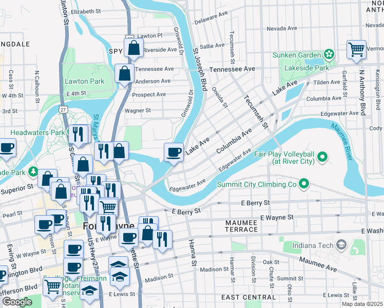 map of restaurants, bars, coffee shops, grocery stores, and more near 819 Columbia Avenue in Fort Wayne