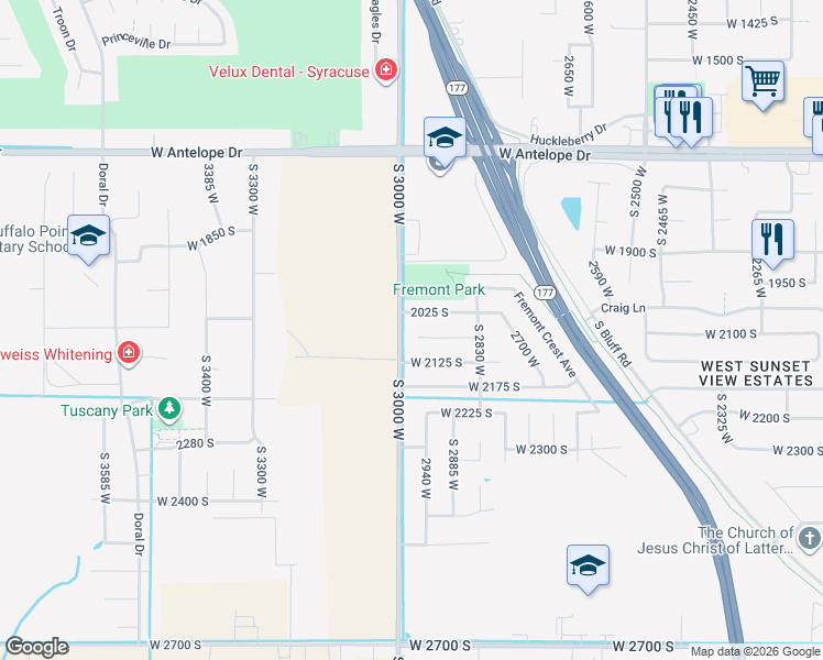 map of restaurants, bars, coffee shops, grocery stores, and more near 2972 West 2075 South in Syracuse