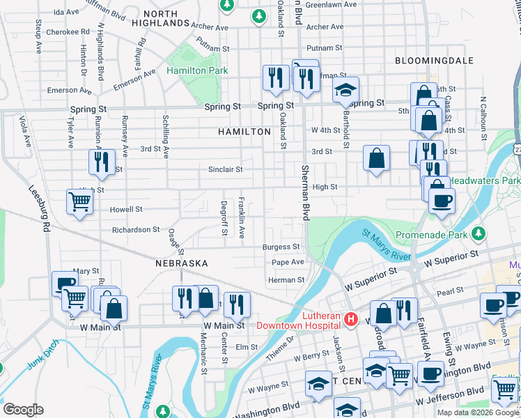 map of restaurants, bars, coffee shops, grocery stores, and more near 1109 Saint Marys Avenue in Fort Wayne
