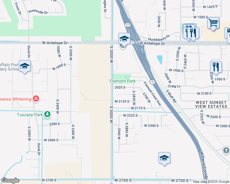 map of restaurants, bars, coffee shops, grocery stores, and more near 2972 West 2075 South in Syracuse