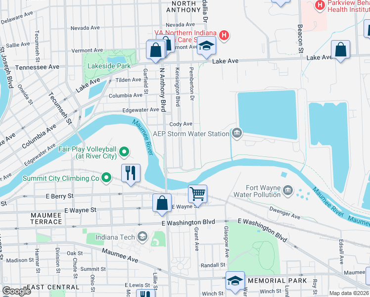map of restaurants, bars, coffee shops, grocery stores, and more near 830 Kensington Boulevard in Fort Wayne