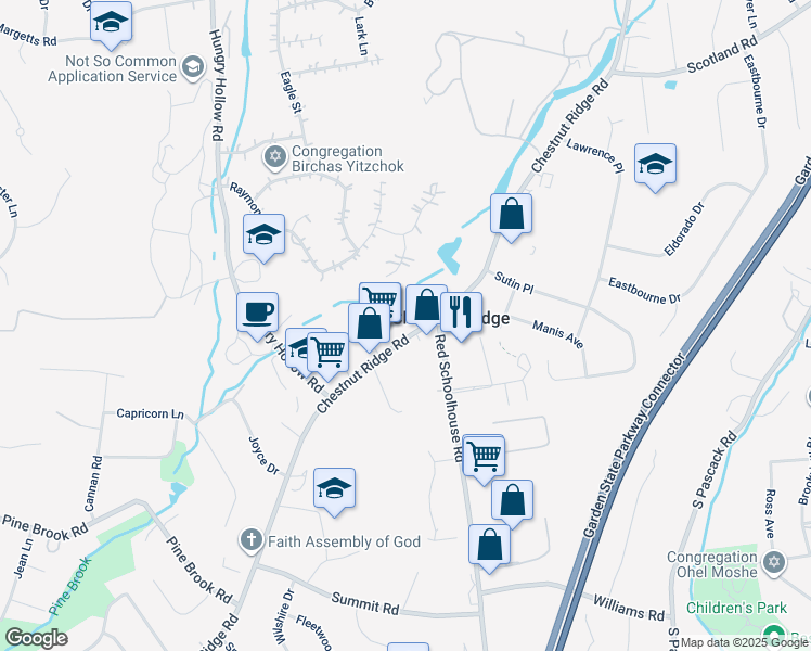 map of restaurants, bars, coffee shops, grocery stores, and more near 801 Chestnut Ridge Road in Spring Valley