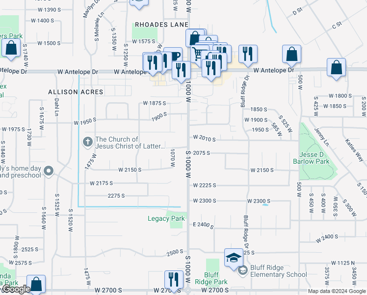 map of restaurants, bars, coffee shops, grocery stores, and more near 1027 West 2050 South in Syracuse