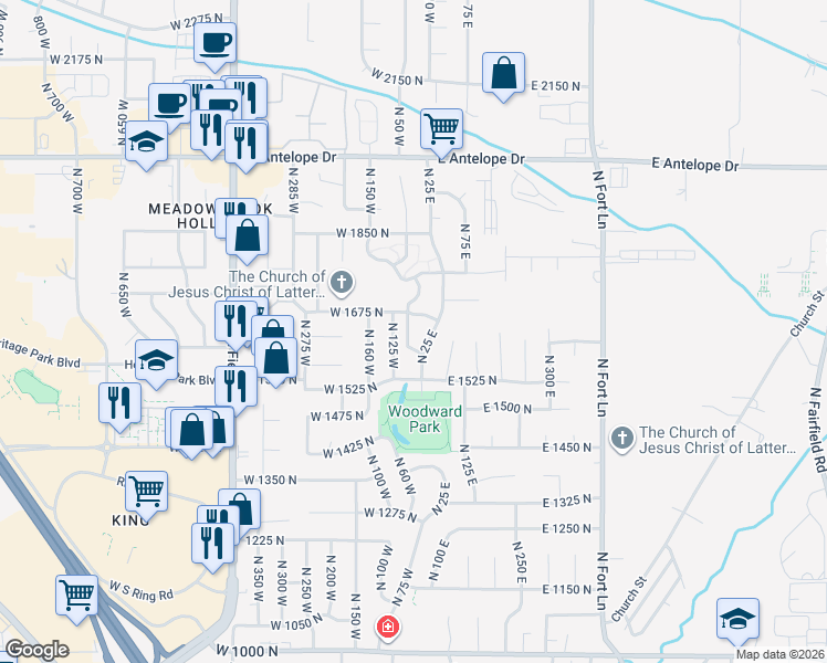 map of restaurants, bars, coffee shops, grocery stores, and more near 1656 North Arnold Drive West in Layton