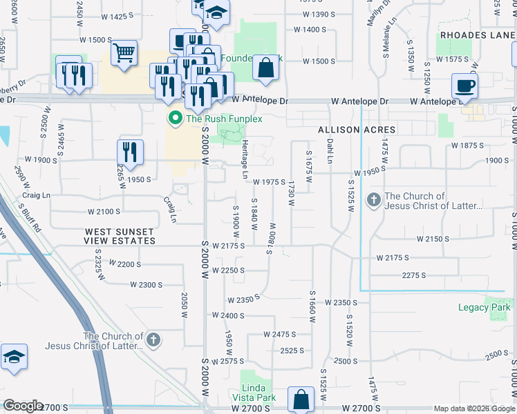 map of restaurants, bars, coffee shops, grocery stores, and more near 2098 South 1840 West in Syracuse